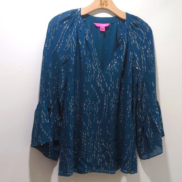 Lilly Pulitzer Matilda Chiffon Blouse Womens S Inky Tidal Fish Clip Teal Blue - Picture 3 of 8